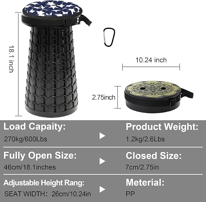 Portable Stool with Swivel Cushion Bag&ampCarabinerH 18.1 Collapsible More Sturdy and Lightweight Camping Telescoping Stool for Mountain Hiking BBQMax Load Capacity 600LBs