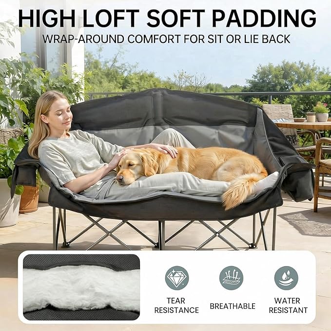 Heavy Duty Double Camping Chair for Adults Oversized 2 Person Camping Loveseat with Thick Padding Folding Outdoor Couch Supports Up to 600 lbs for Family Camping Stargazing Fishing Black &amp Gre