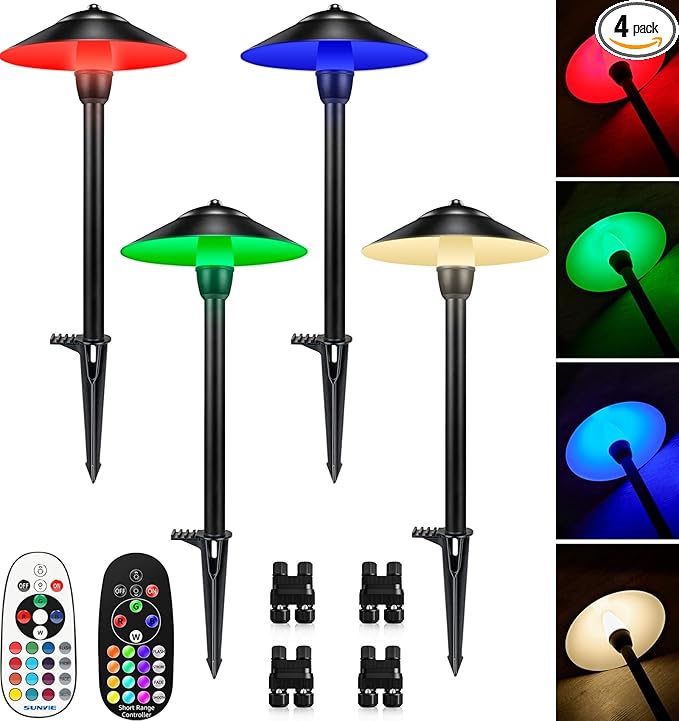 SUNVIE RGBW Low Voltage Pathway Lights 3W Color Changing Landscape Lights 12-24V Multi-Color Path Lights Waterproof for Yard Garden Walkway Holiday Landscape Path Lighting ETL Listed Cord 4 Pack
