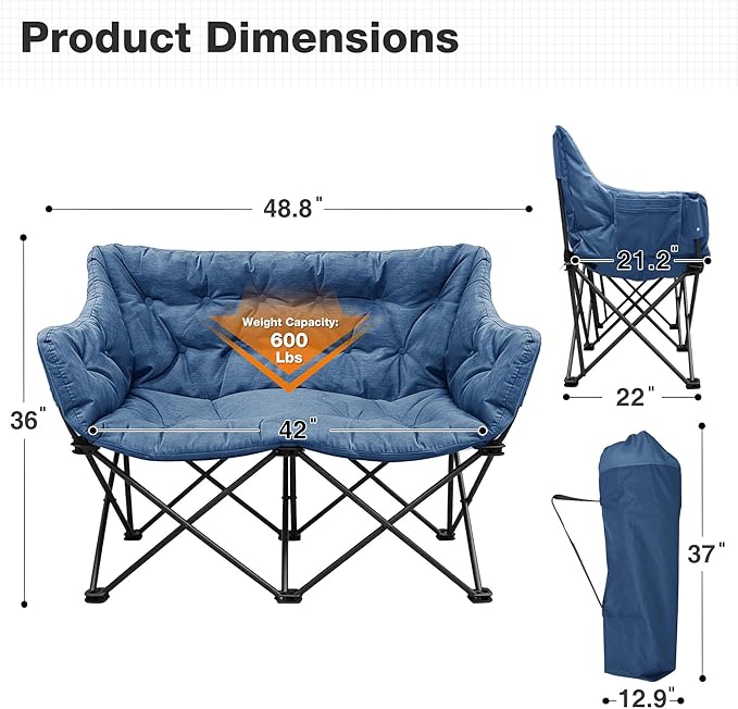 Double Camping Chair Heavy Duty Oversized Padded Loveseat for Adults 2 Person Outdoor Portable Camping Chairs for Lawn Backyard Fishing Trip Support 600lbs Navy