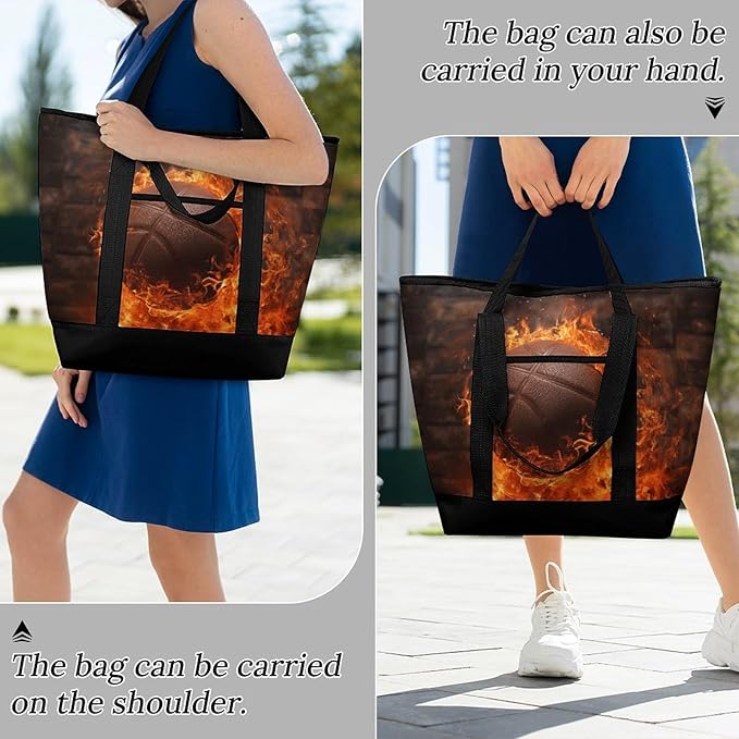 Insulated Shopping BagLarge Reusable Cooler Bags Brick Wall And Burning Basketball Printed Foldable Shopping BagTravel Waterproof Shoulder Bag