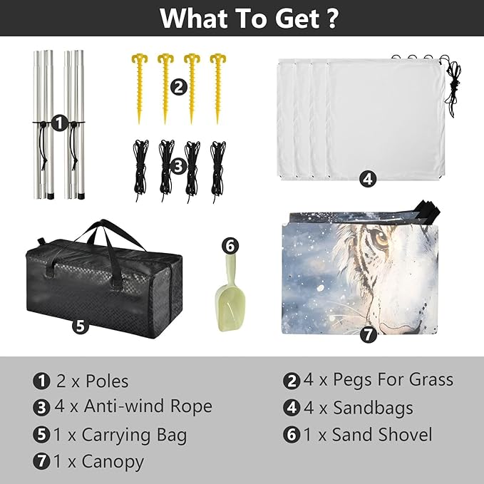 ALAZA White Tiger Beach Tent Sun Shelter UPF50+ Protection Beach Shade Canopy w/ 4 Sandbags for Outdoor Camping Fishing Backyard Fun Picnic 10x9 ft