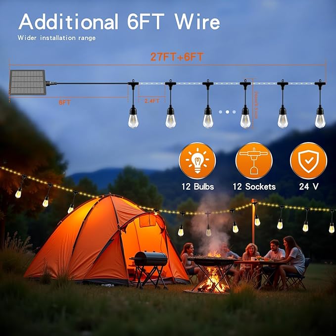 33FT Solar String Lights Outdoor Waterproof with USB Port &amp Remote Control Solar Patio Lights Long Last for 20+Hrs Dimmable Solar Power LED Shatterproof Bulbs solar lights for Camping Backyard Gar