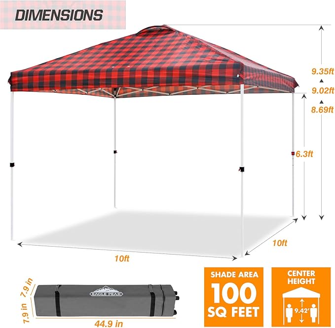 EAGLE PEAK Pop Up Canopy Tent with Wheeled Carry Bag 8 Stakes 4 Ropes 4 Weight Bags Easy Set Up Tent Canopy 10x10 ft 100sqft of Shade Red Plaid