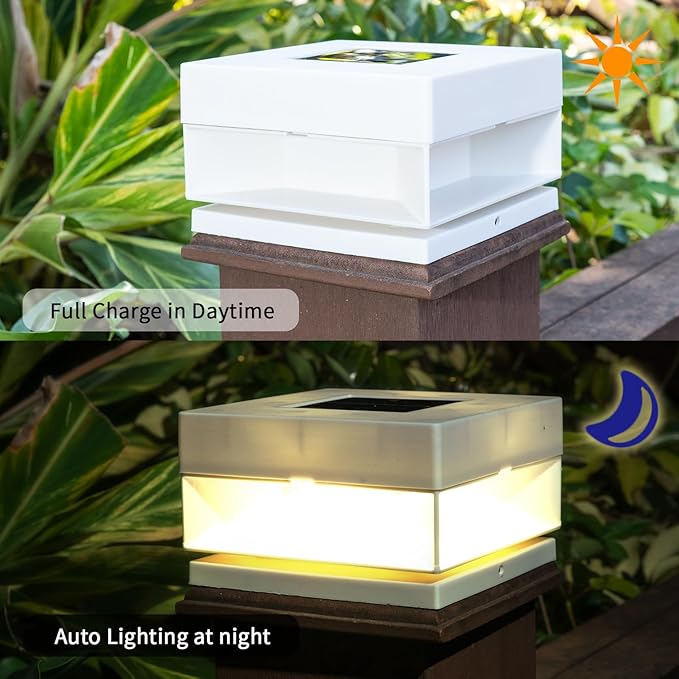 Solar Post Cap Lights50 Lumem Brightness2 Modes Warm White/Bright White Outdoor Fence Post Cap Light Garden Decor Lithium Battery Powered Lighting Fits for 4x4 5x5 Wooden Posts 4x4 5x5 Vinyl Posts