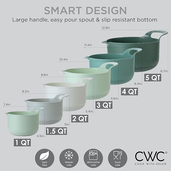 COOK WITH COLOR Nesting Plastic Mixing Bowl Set with Pour Spouts and Handles Sage 6 Piece Non-Slip