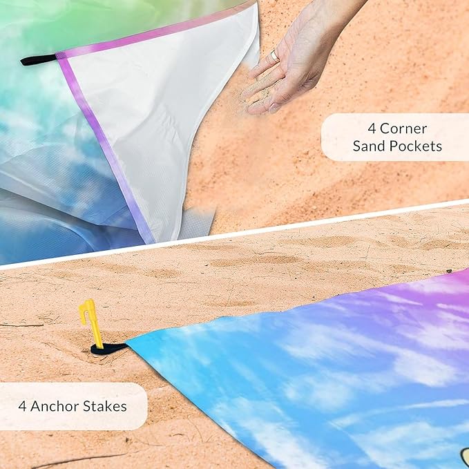 Custom Beach Blanket Waterproof Sandproof Large Mat 7.2 x 6.6 Ft for Family 4 Corner Sand Pockets &amp Stakes Personalized Blankets for Beach Travel Essentials Camping