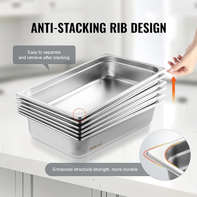 VEVOR 6 Pack Stainless Steel Hotel PansFull Size 4 Inch Deep 0.8mm Thick Anti-Jam Commercial Food Pans for Steam Tables Restaurants Catering &amp Industrial Use