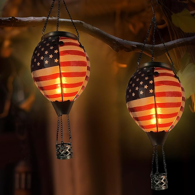 Glass Solar Hot Air Balloon Lantern with Flame Hanging Garden Flickering Light Outdoor Waterproof for Yard Patio Tree 4th of July Decorations Flag
