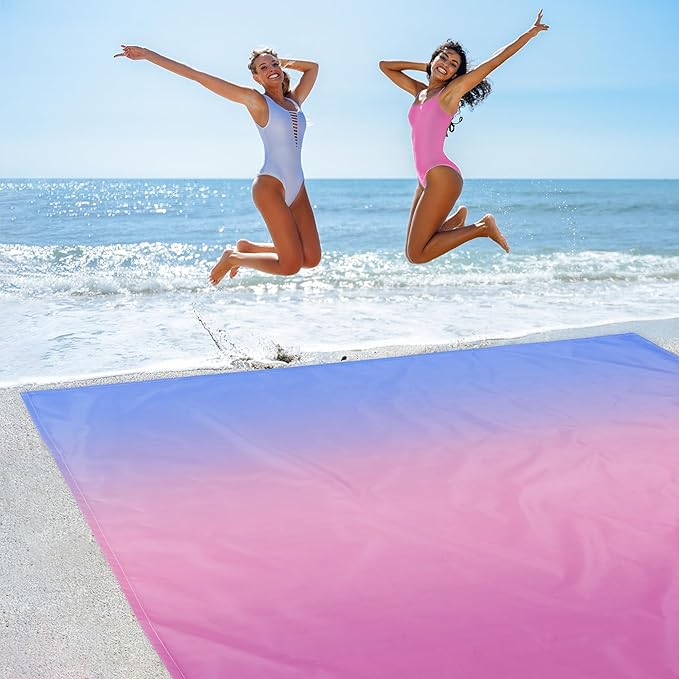 Large Beach Blanket Waterproof Sandproof Blue Pink Gradient Weighted Polyester Picnic Blanket Windproof w/Stakes and Sand Pockets Outdoor Camping Beach Mat Sand Free Fits 8 Adult for Travel Hiking