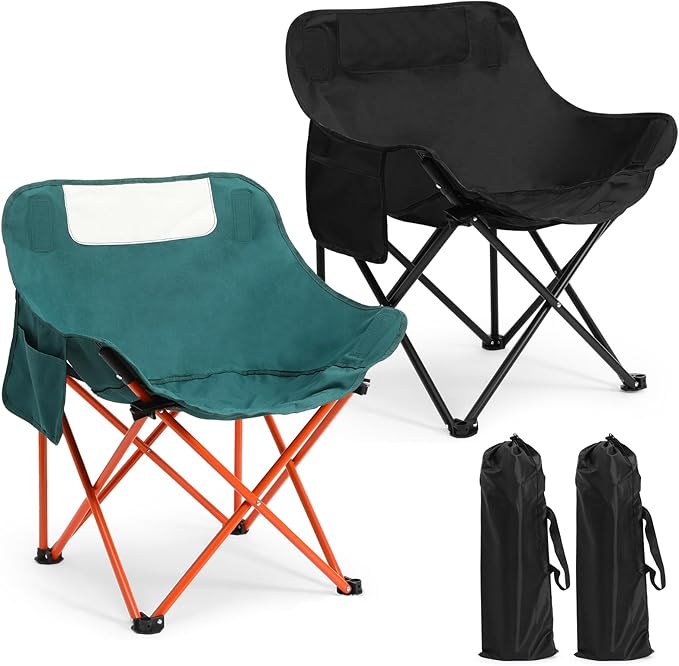 2 Pack Compact Camping Chairs Portable Folding for Outside with Carry Bag Lightweight Moon Chairs for Travel Picnic Hiking Beach Fishing 600D Oxford Supports 330lbs(Green Black)