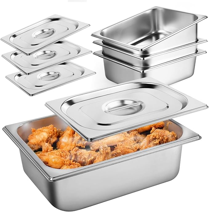 West Bay 4 Pack 1/2 Half Size Hotel Pan with Lids 4'' Deep Steam Table Pan with Lid 12.8''L x 10.4''W Stainless Steel Pans for Home Party Hotel Buffet