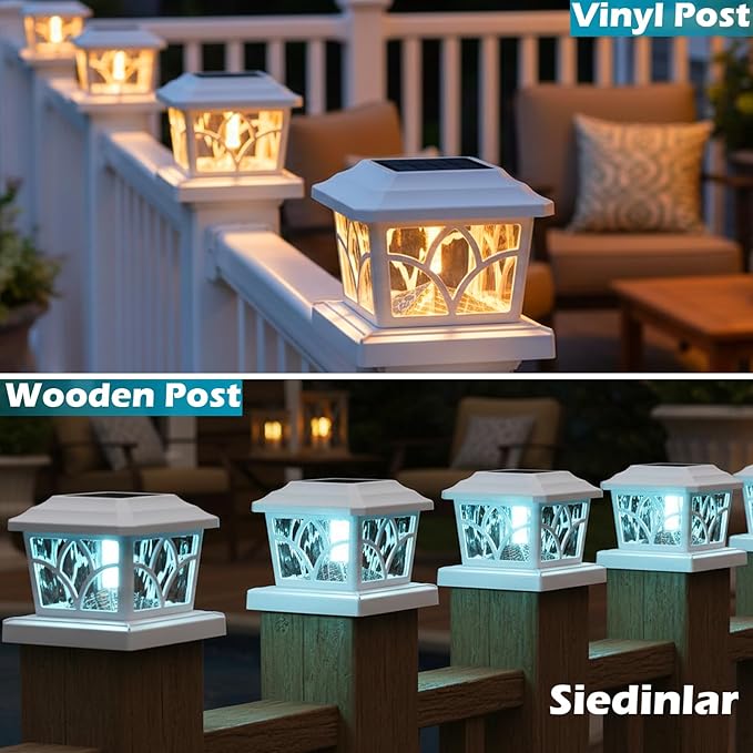 SIEDiNLAR Solar Post Cap Lights Outdoor 4 Modes 40 LEDs Aluminum Glass Deck Post Light for 4x4 5x5 6x6 Vinyl Wooden Posts Fence Patio Decor Warm White &amp Cool White Dynamic Lighting White (8 Pack)
