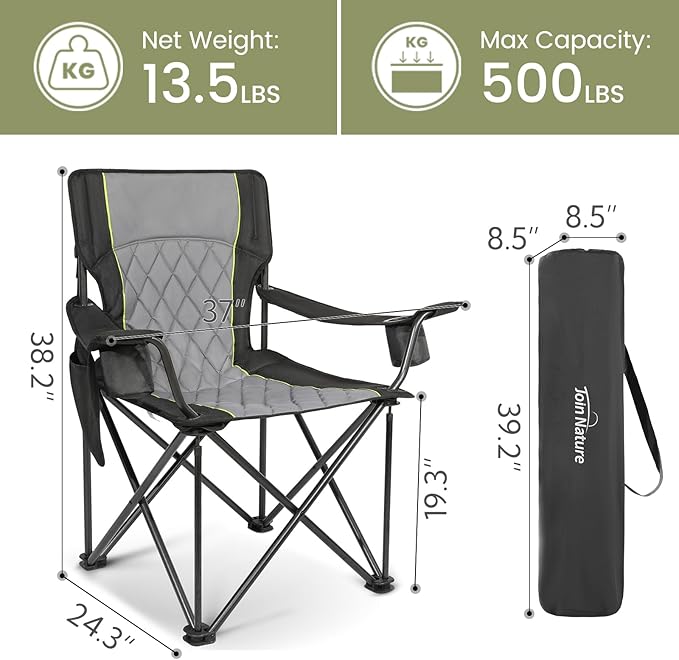 Folding Camping Chairs for Adults Padded Folding Chairs for Outside Heavy Duty with Cup Holders &amp Side Pocket Support up to 500 lbs Black