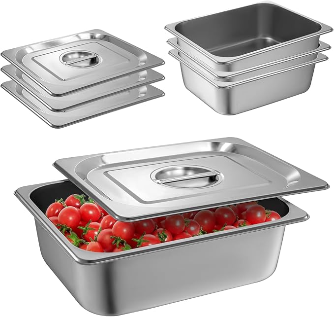 1/2 Size Hotel Pan with Lids 4 Pack 4'' Deep Steam Table Pan 12.8''L x 10.4''W Stainless Steel Pans for Home Party Hotel Buffet