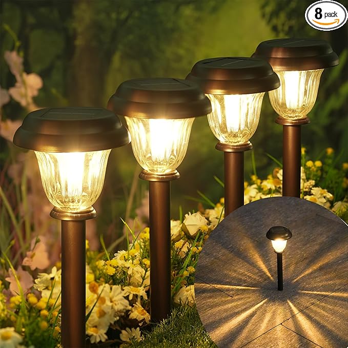 DERAYSION 8 Pack Solar Lights Outdoor Stainless Steel Glass Solar Pathway Lights Auto On/Off Long-Lasting Waterproof Landscape Lighting for Garden Landscape Path Yard Warkway (Warm White)
