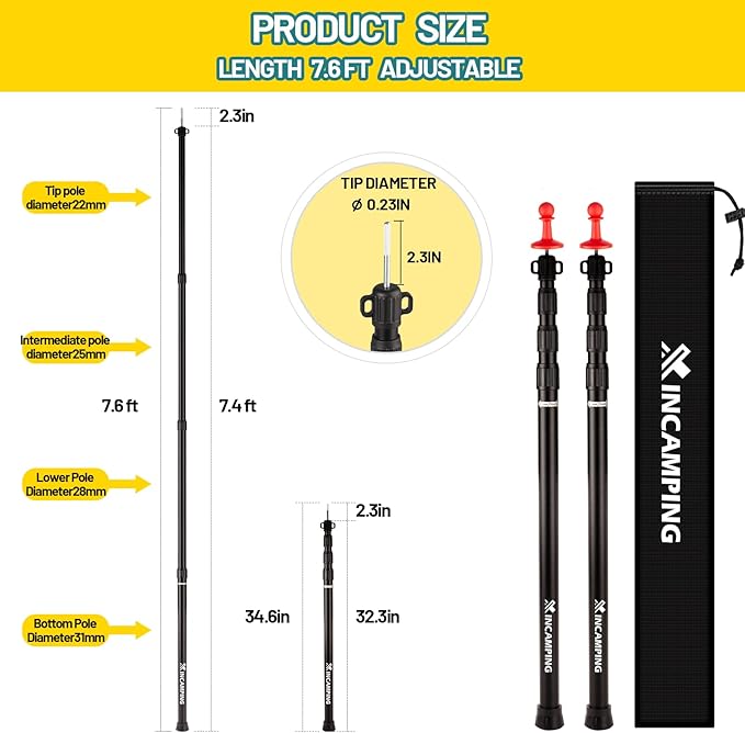 Tarp Poles Adjustable Heavy Duty XINCAMPING Tent Poles Aviation Aluminum 7.7FT Lengthen and Thicken with Protection Cap Awning Poles Set of 2 for Camping Hiking
