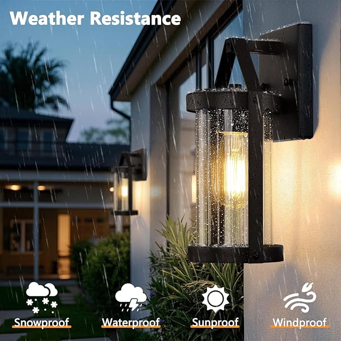 Brightever Outdoor Wall Light Fixtures Waterproof Matte Black Exterior Wall Lantern Sconce Porch Lights Outside Lighting with Clear Ribbed Glass for House Garage Front Door 2-Pack