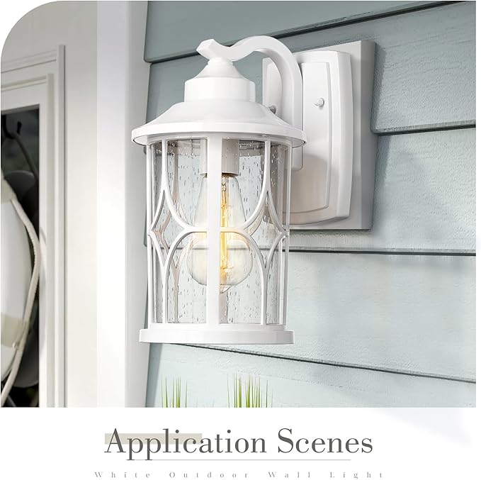 zeyu 2 Pack Outdoor Wall Sconce Lights Modern Farmhouse Outdoor Porch Lights for House Die-Cast Aluminum in White Finish Seeded Glass Shade ZX48B-2PK WH
