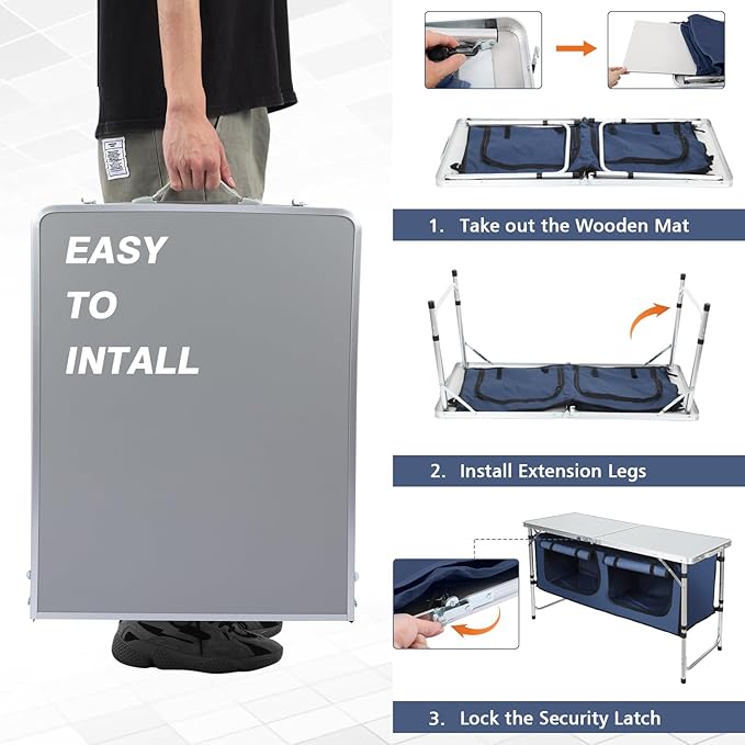 Camping Table Folding Camping Table with Storage Portable Lightweight 3 Height Adjustable Aluminum Outdoor Table for BBQ Picnic Camping Hiking Beach and Indoor Blue