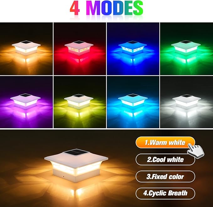 VOLISUN Solar Post Cap Light Outdoor Waterproof: RGB Color Changing - Solar Fence Cap Flashing Lights 4Pack White for 4x4 5x5 6x6 Wooden Vinyl Post