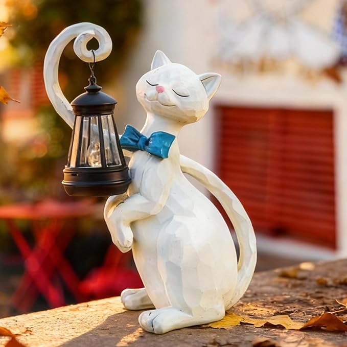 WHIMSYNOOK 10.7 White Cat Solar Garden Light Statue – Outdoor Garden &amp Yard Decor LED Lantern Gift for Cat Lovers