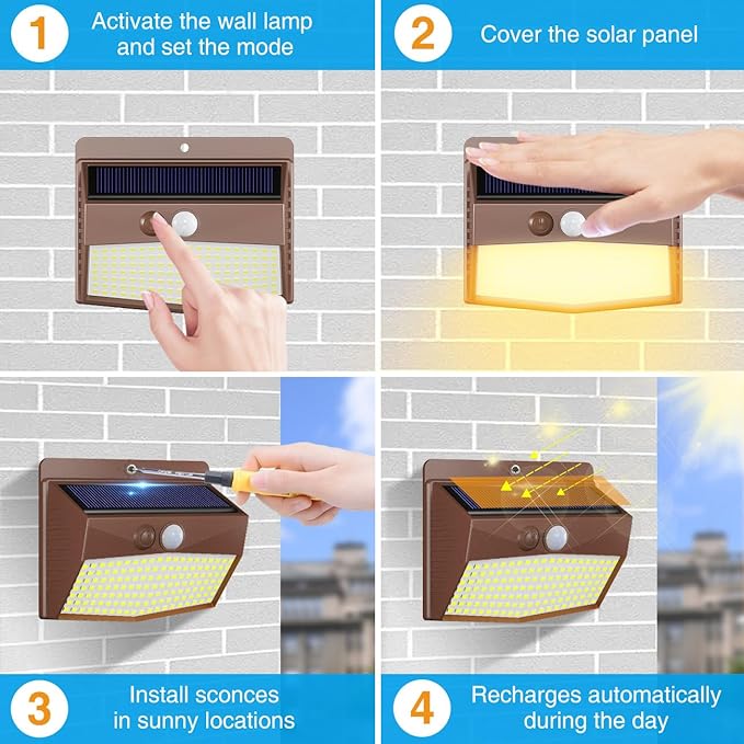 Peasur 12 Packs Solar Outdoor Lights Motion Sensor Solar Security Light Waterproof with 3 Lighting Modes Solar Powered Wall Lights Outside for Garden Fence Yard Brown Warm