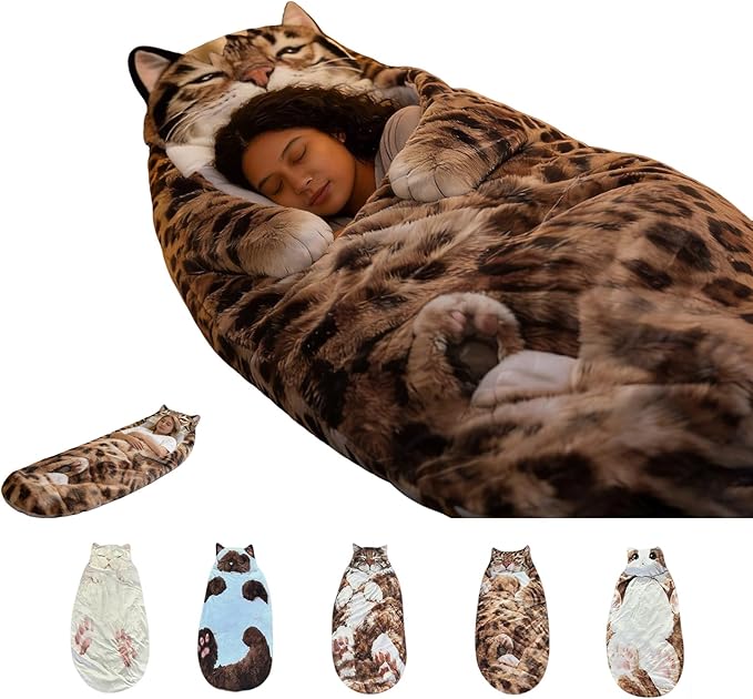 Fluffy Cat Sleeping Bag for Adults – Plush Soft Envelope Shaped Sleeping Bag for Humans Cozy Warm Nap Sack for Camping Home Travel Extra Large Cute Cat Design