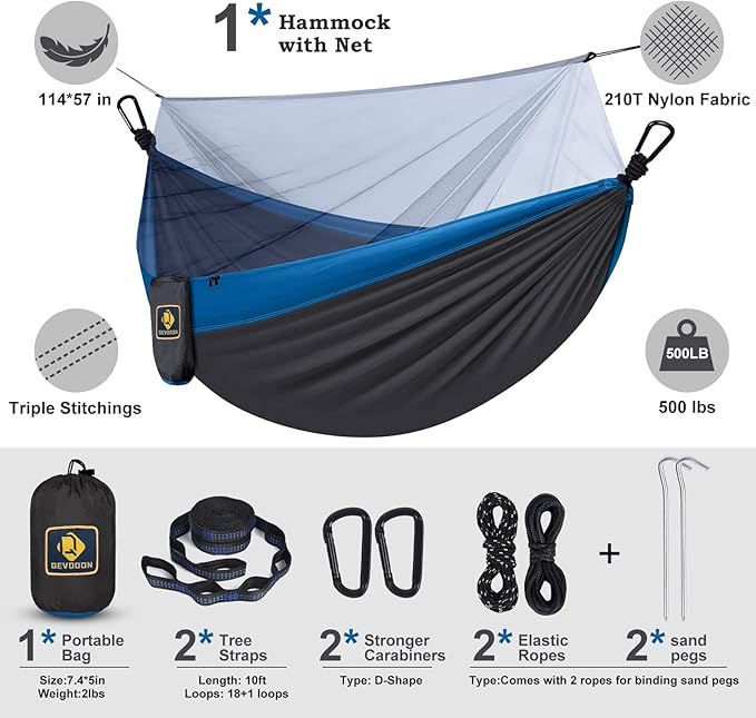 Camping Hammock with NetTravel Portable Lightweight Hammocks with Tree Straps and Solid D-Shape CarabinersParachute Nylon Hammock for Outsides Backpacking Beach Backyard Patio Hiking