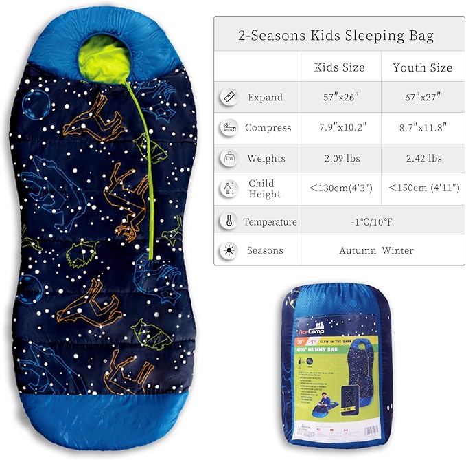 AceCamp Glow in The Dark Mummy Sleeping Bag for Kids and Youth Temperature Rating 30°F/-1°C Water-Resistant for Camping Hiking and Slumber Party