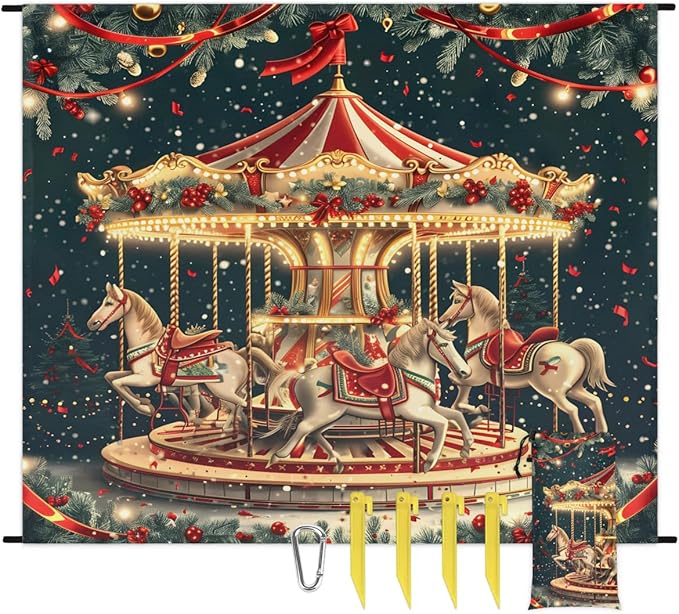 Carousel Horse Beach Blanket Sandproof Beach Mat 68 x 59 Waterproof Quick Drying Sand Free Mat with 4 x Ground Spikes for Outdoor Travel Camping Hiking Amusement Park Christmas