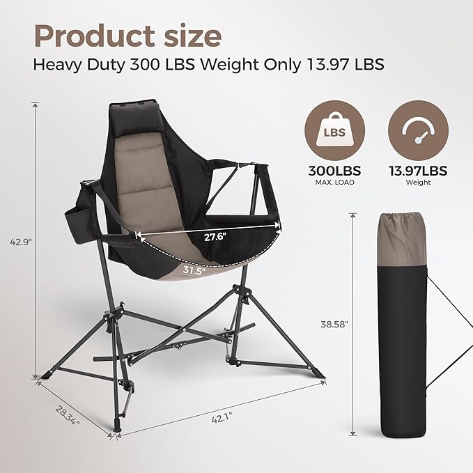 ALPHA CAMP Hammock Folding Rocking Chair with Cup Drink Holder High Back Padded Swinging Chair for OutdoorCamping LawnBackyardPicnic Steel Heavy Duty Portable Oversized(Black)