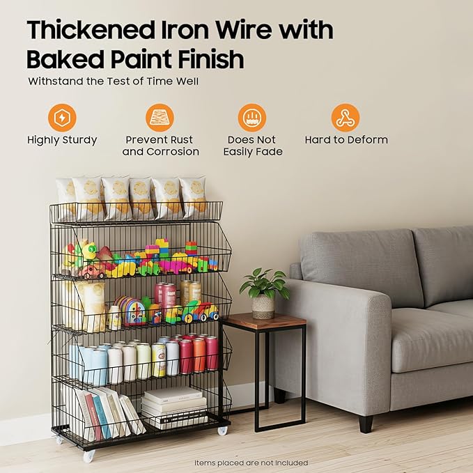 5 Tier Retail Display Rack Snack Organizer Stand with Wheels Candy Potato Chip Metal Wire Display Shelf CartSnack Rack for Supermarket and Home Kitchen Black