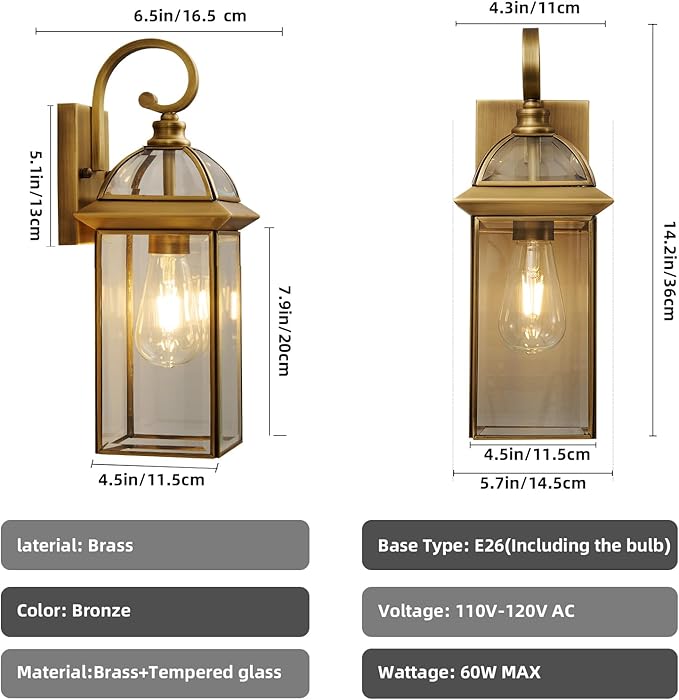 Brass Rustproof Outdoor Wall Sconces 2-Pack - All-Weather Waterproof Porch Lanterns with E26 Socket Front Door Exterior Lights for Yard Entryway