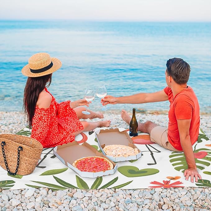 Waterproof Sandproof Beach Blanket 59''×68'' Animal Polyester Outdoor Picnic Blanket with 4 Stakes &amp Storage Bag for BeachCampingVacation Flamingo