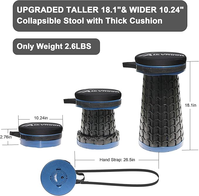 Upgraded Collapsible Stool with Cushion 880Lbs Max Weight Portable Folding Height Adjustable Lightweight Retractable Telescoping Stool for Camping Outdoors Fishing Hiking Travel BBQ with Carry Bag