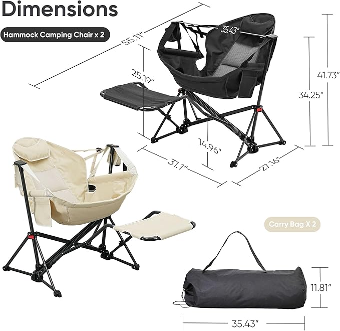 Ainfox Hammock Camping Chair with Footrest Heavy Duty Foldable Portable Rocking Hammock Chairs Outside Swinging Camp with Cup Holder Pillow for Outdoor Patio Poolside Beige Black