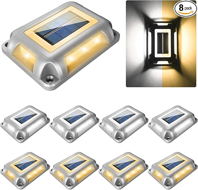 Solar Deck Lights Driveway Dock Lights- 8 Packs Waterproof 1200mAh Solar Powered Outdoor LED Aluminum Dock Lighting Road Markers Step Light for Sidewalk Garden Pathway Yard (White/Warm White)
