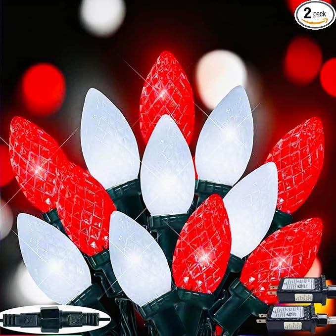 2-Pack Connectable C9 Christmas Lights Outdoor Indoor 66 FT 100 LED Christmas String Lights Plug in with 8 Modes &amp Timer Waterproof Fairy Twinkle Light for Xmas Tree Yard Decorations (Red and Wh