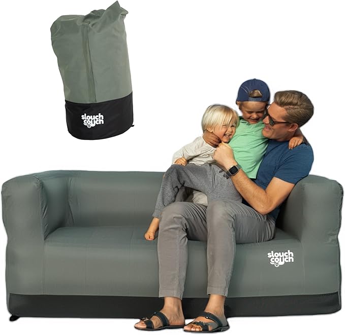 Slouch Couch | Air Sofa with Built-in Pump Hidden Cup Holders Storage Pockets | Durable Blow Up Couch with High-Performance Fabric for Camping Beach Home &amp Outdoors (Happy Camper)