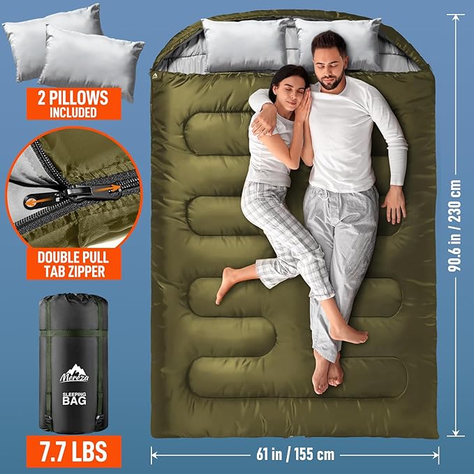 MEREZA Double Sleeping Bag for Adults Mens with Pillow XL Queen Size Two Person Sleeping Bag for All Season Camping Hiking Backpacking 2 Person Sleeping Bags for Cold Weather &amp Warm