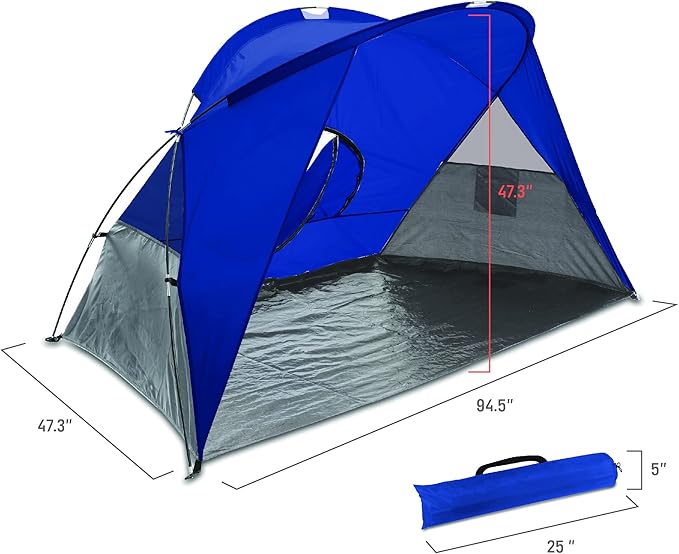 PICNIC TIME Cove Portable Beach Tent Fully-Assembled Pop Up Tent Beach Shade and Sun Shelter Instant Outdoor Shade with Carrying Bag and UPF50+ UV Protection (Blue with Gray Accents)