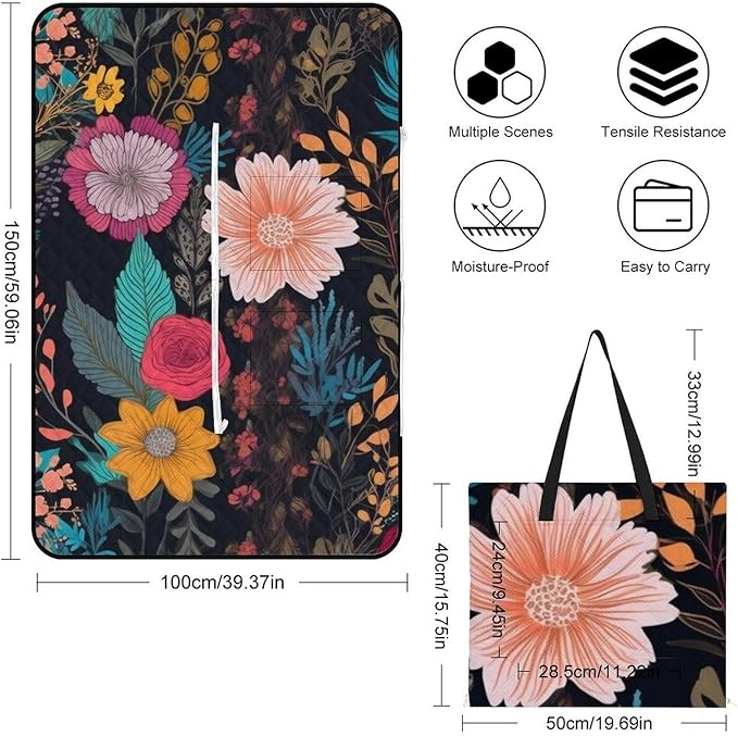Zipper Colorful Boho Floral Style Picnic Mat Suitable for Travel Camping Park Or Home Use
