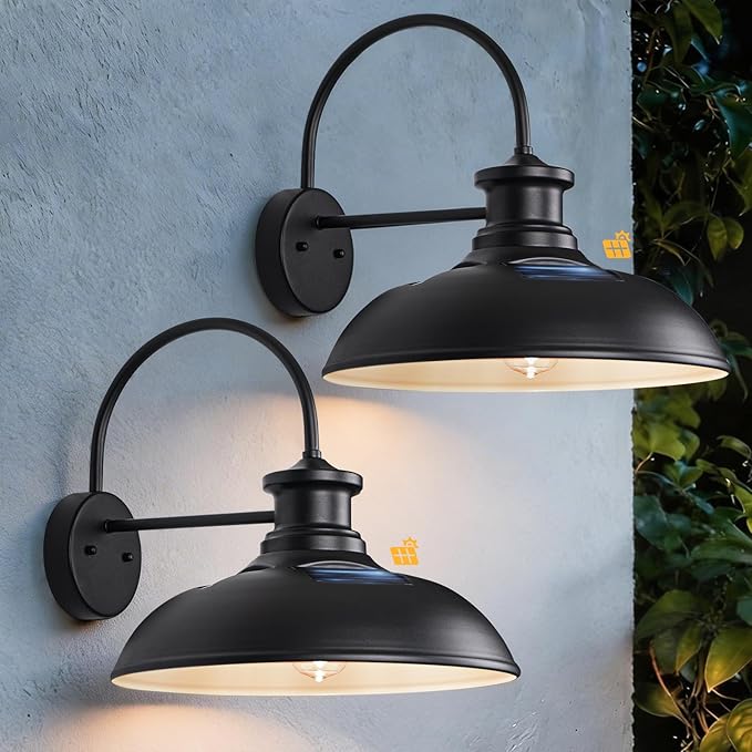 16 Extra Large Solar Barn Light for Outside Dusk to Dawn Gooseneck Farmhouse Barn Lights Waterproof Black Outdoor Wall Light Solar Powered for House Garage Patio 2-Pack