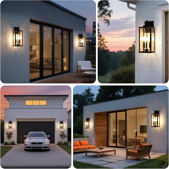Large Motion Sensor Outdoor Wall Light Black Exterior Wall Sconce Light Fixtures with Water-Rippled Glass Waterproof Modern Outside Wall Lantern for House Porch Patio Garage Bulbs Not Included