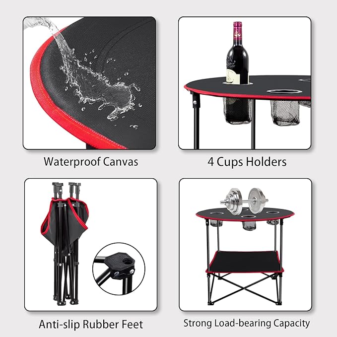 Portable Camping Table Folding Picnic Tables Lightweight Folding Table Waterproof Canvas Beach Table for Outside with 4 Cup Holders &amp Carry Bags for Camping Beach Campfires and Tailgating