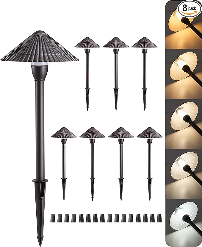 EDISHINE 5CCT Low Voltage Pathway Lights Wired 8 Pack 2700K-5000K LED Landscape Lighting 12V AC/DC 3W 160LM Die-Cast Aluminum Waterproof Outdoor Landscape Path Lights for Sidewalk Garden Yard