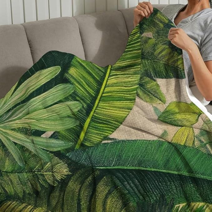 Green Leaves Flannel Blanket Soft Cozy Decorative Blanket for Sofa Travel Camping All Season Multi-Purpose Gift 50x60in