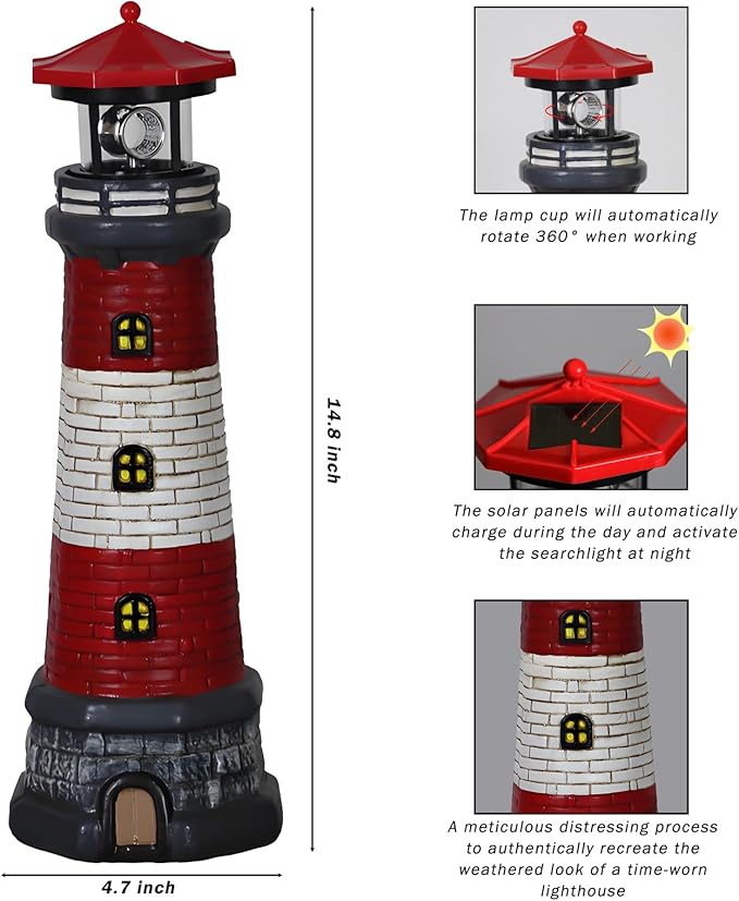 Solar Lighthouse Garden Outdoor Statues Waterproof Lawn Lights Decor Automatic Rotating Solar Lights for Yard Patio Ground Tabletop Decoration Unique Housewarming Gifts - 2PACK