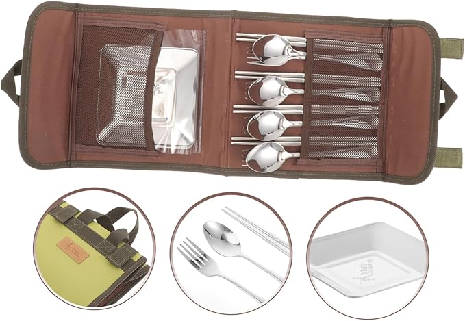 Portable Stainless Steel Utensil Set Picnic Cutlery with Spoon Fork Chopsticks Plate Ideal for Camping Barbecue Outdoor Random Color